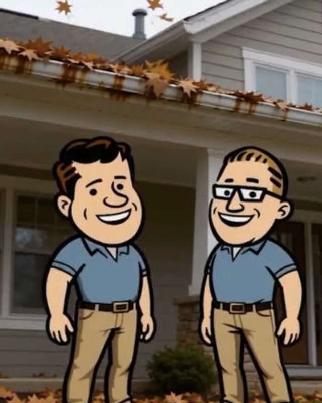 Animated reel of the Brothers in front of a leaf-filled gutter