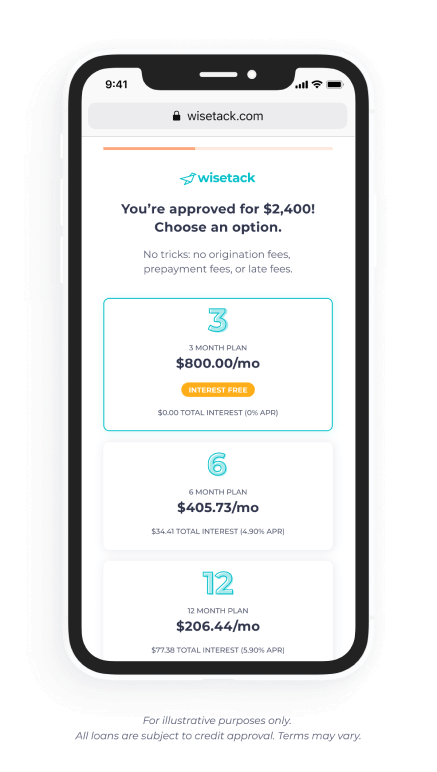 Wisetack financing options shown on a phone screen