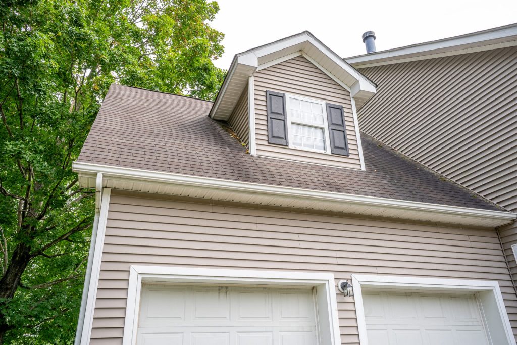 Gutters on a dormer roofline