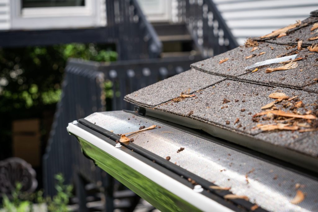 Gutter guard on a shingle roof with leaves on top