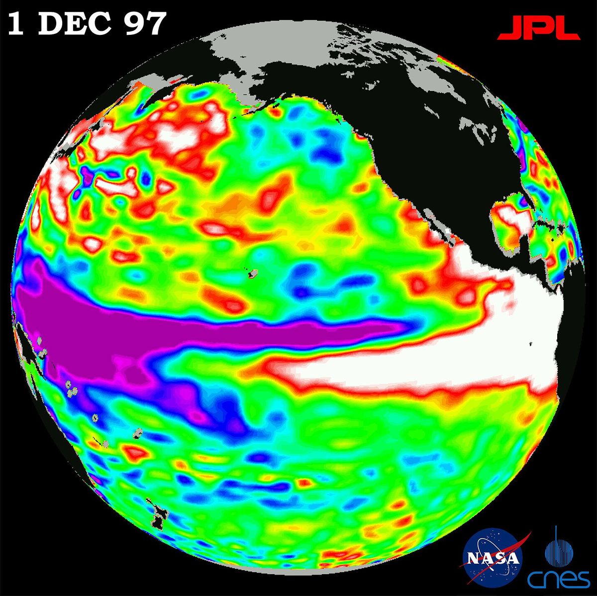 NASA TOPEX satellite image of the Pacific Ocean on December 1, 1997 showing the warm water of the 1997 El Niño as a red band along the equator